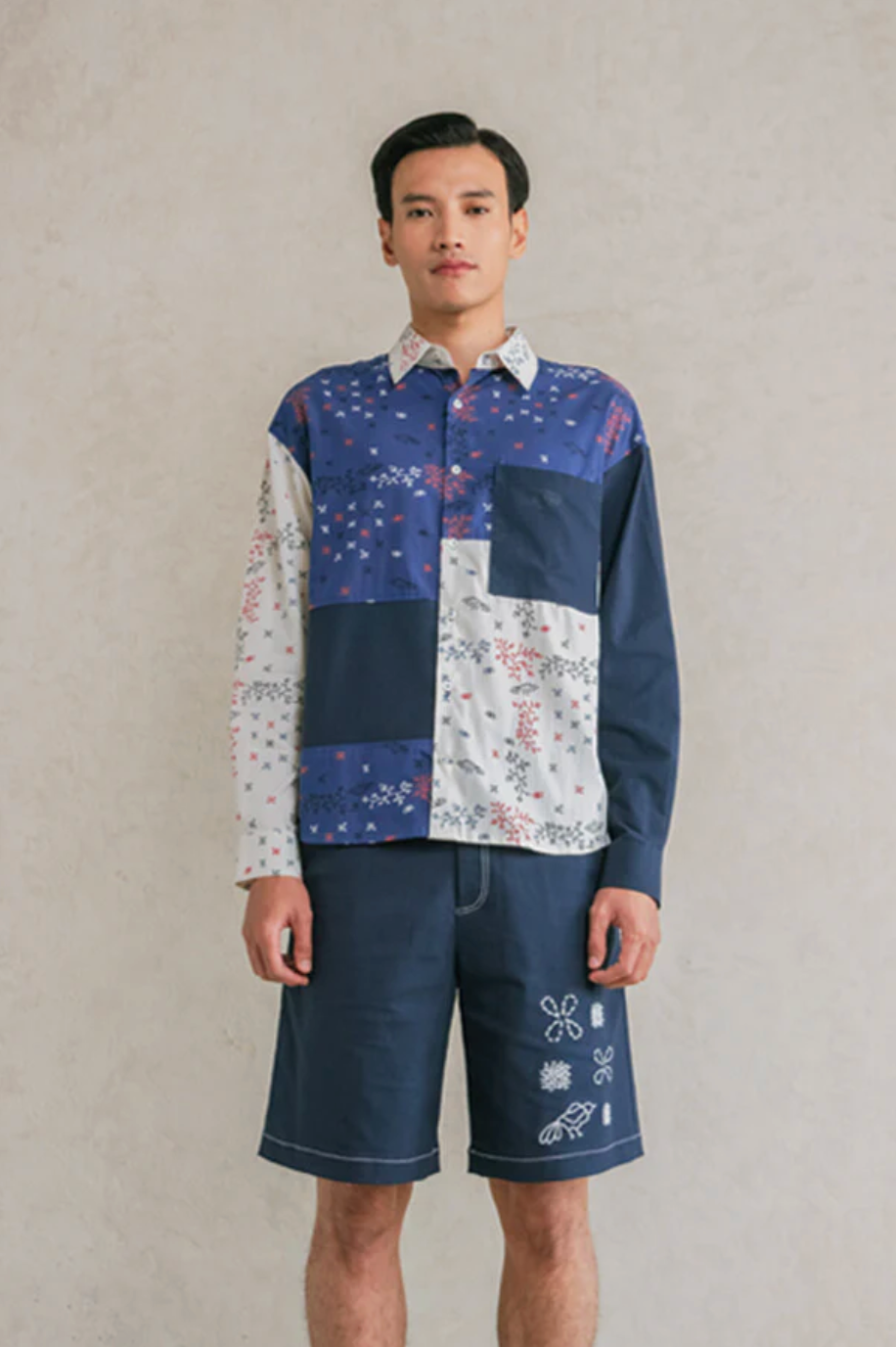 ネイビー パッチワーク 長袖シャツ SFC01-NAV_half_front_384x384.