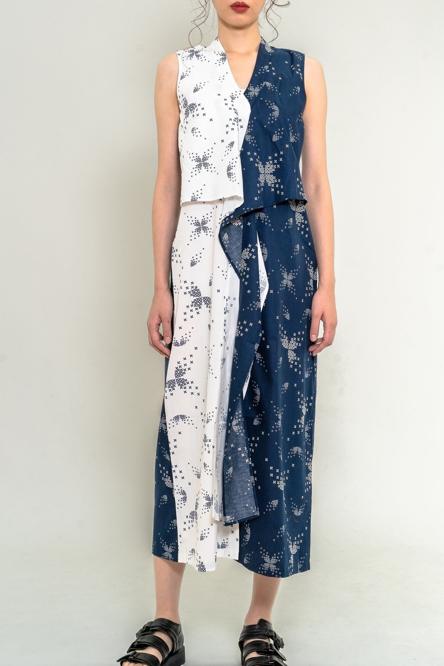 ツートーンウエストリボンノースリーブワンピース