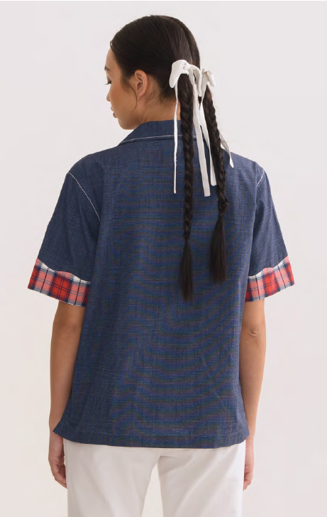 ギンガムチェックデニムオープンカラーシャツ