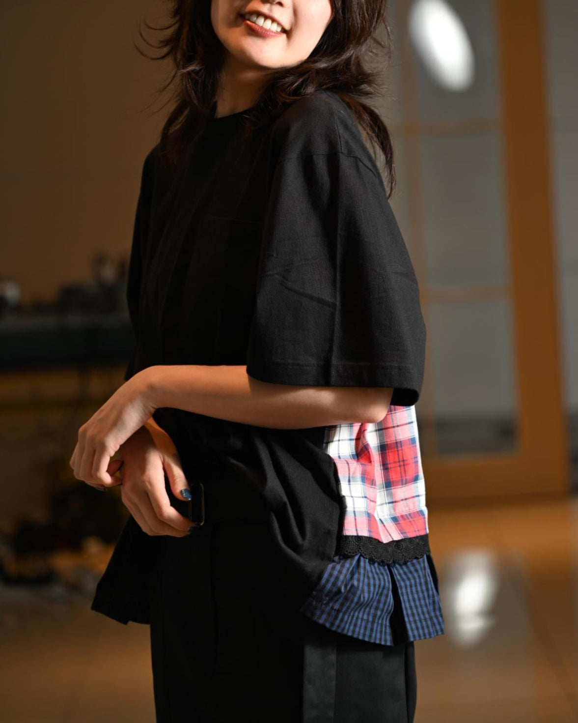 ギンガムチェック切り替えTシャツ