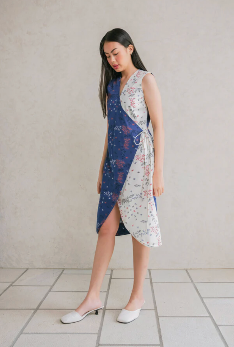 バイカラープリントラップワンピース