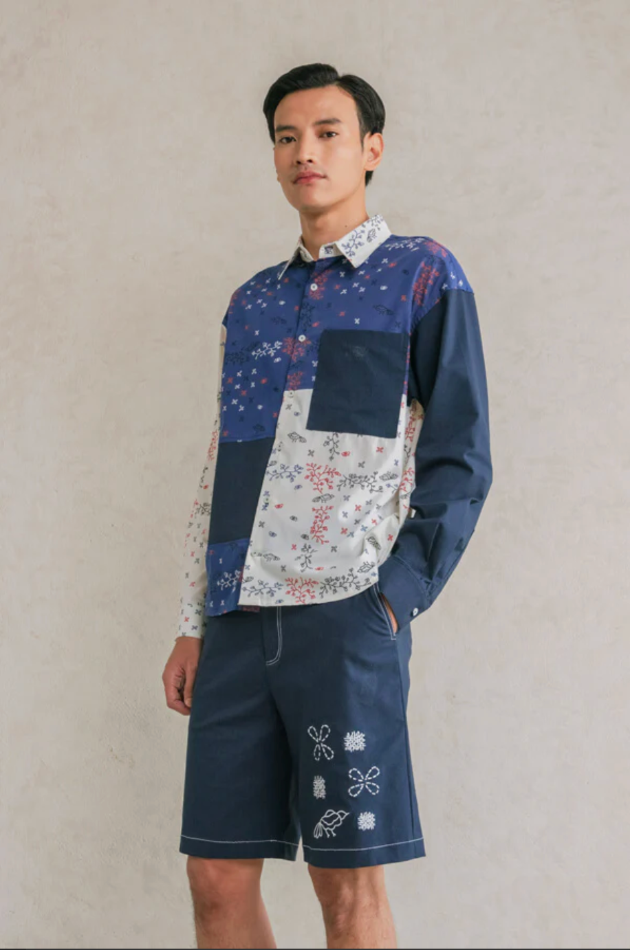 パッチワークロングスリーブシャツ