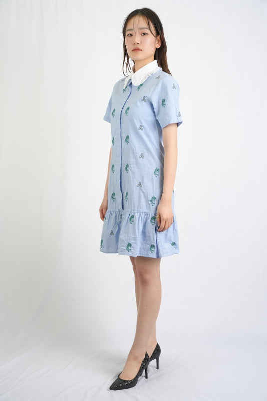 裾切り替えミニ丈シャツワンピース